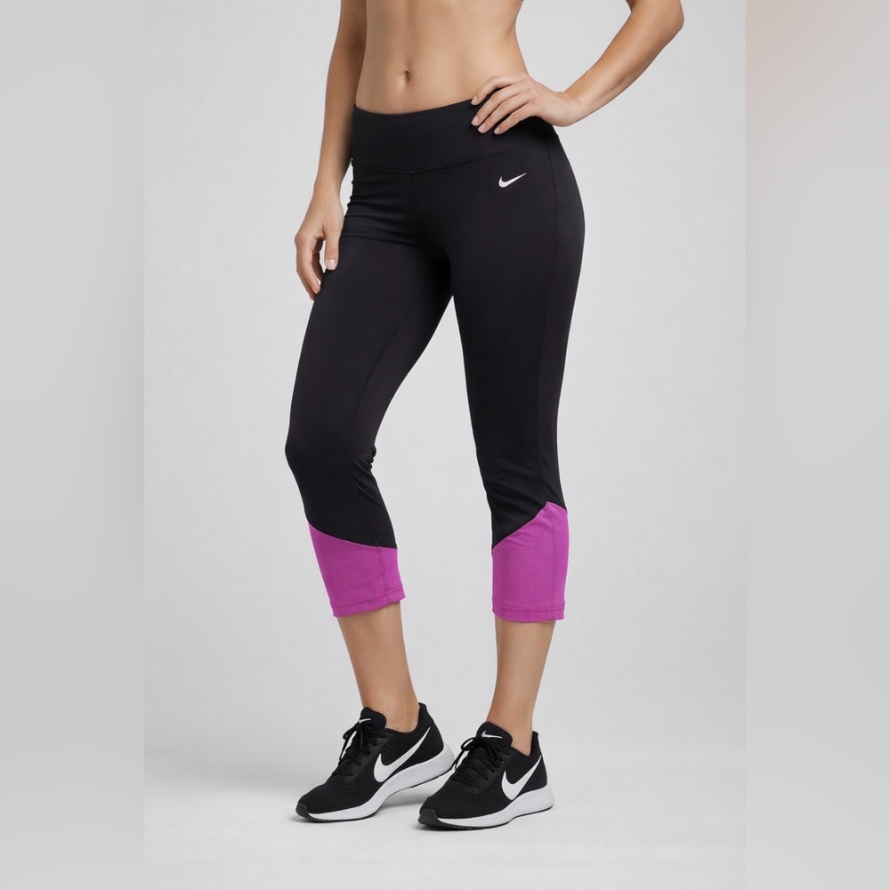Nike Black Capri Leggings with Magenta Hem Panels